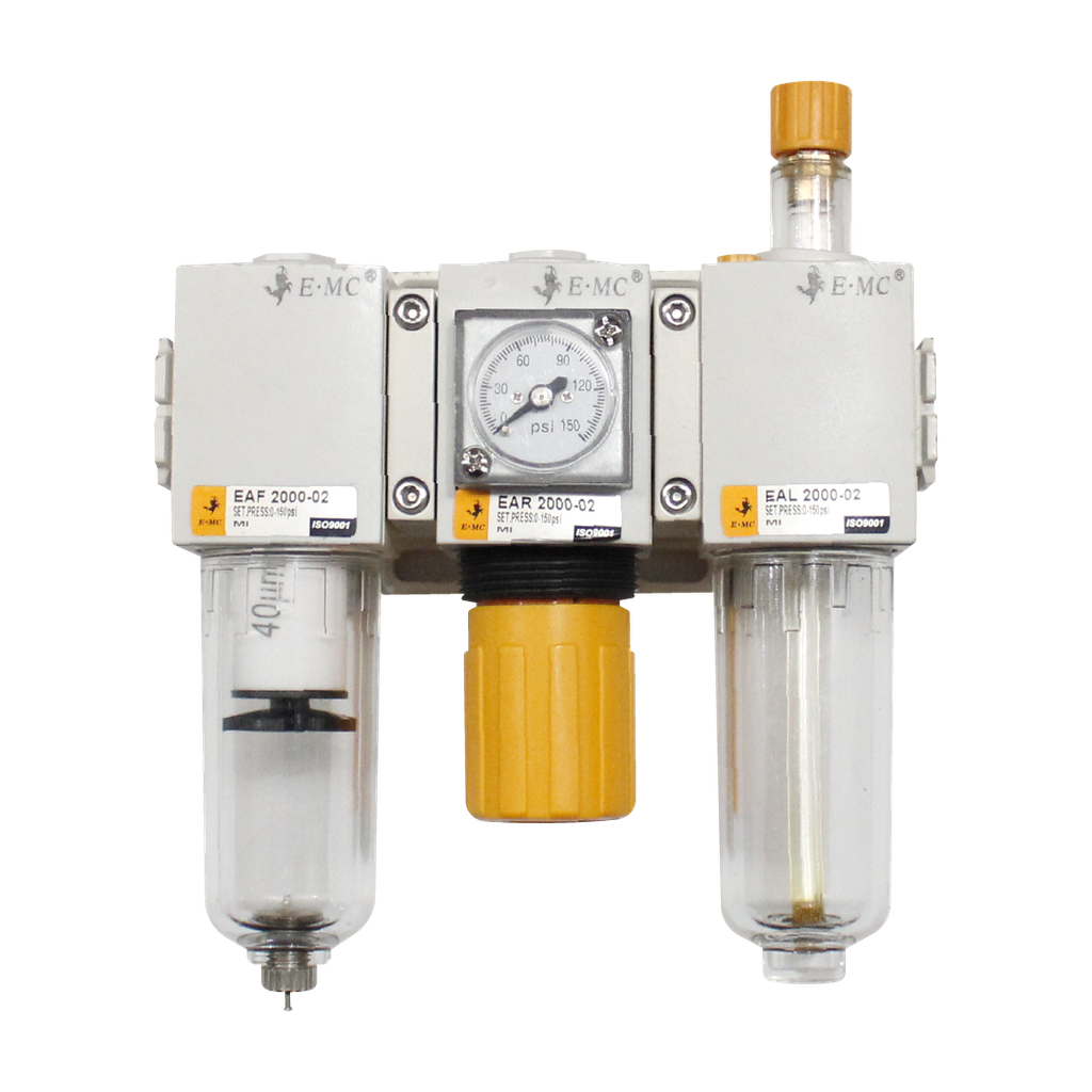 [EAC2000-01F3] Combinación Filtro Regulador y Lubricador 1/8" BSP EAC2000-01F3 FRL, manómetro cuadrado, 145 PSI, 40um, purga manual