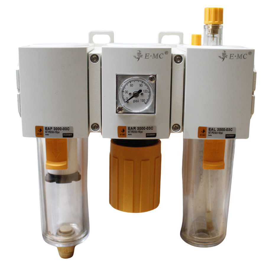 Combinación Filtro Regulador y Lubricador 3/8" BSP EAC4000-03CF3 FRL, manómetro cuadrado, 145 PSI 40um, purga semiautomática