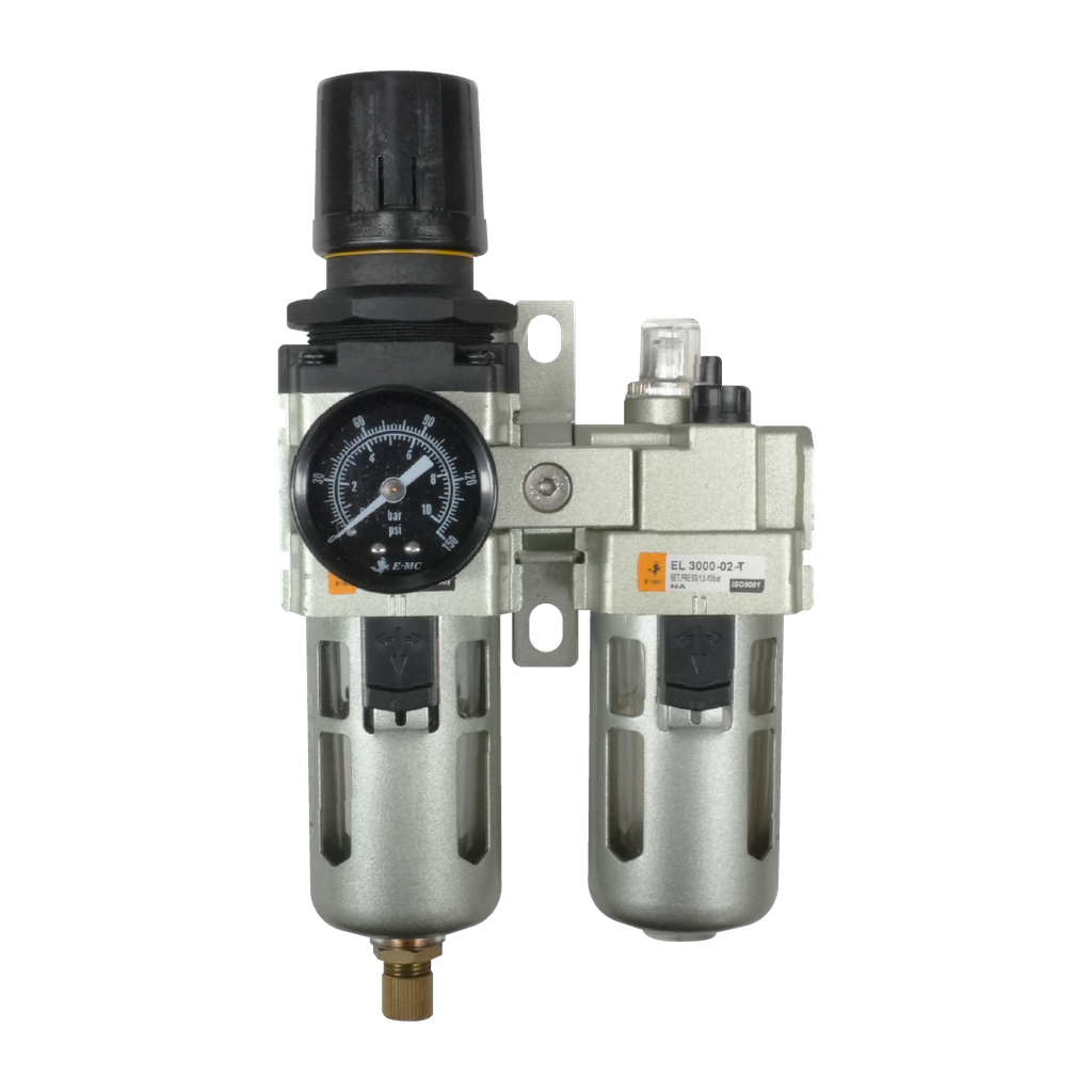Combinación Filtro Regulador y Lubricador EC3010-035 FRL 3/8" BSP, manómetro redondo, Bar/Psi, purga manual, 25um