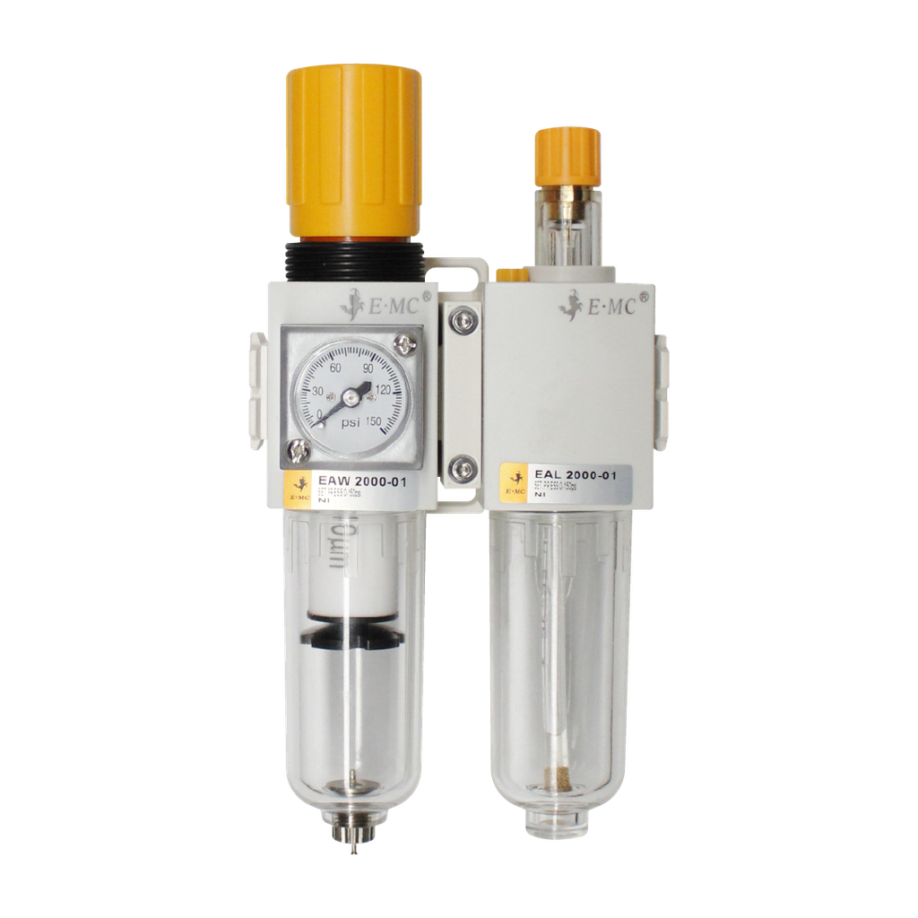 Combinación Filtro Regulador y Lubricador FR.L, manómetro cuadrado, grado de fitración 40 micras, Tamaño 2, vasos policarbonato, 145 PSI, purga manual, puertos 1/8" BSP