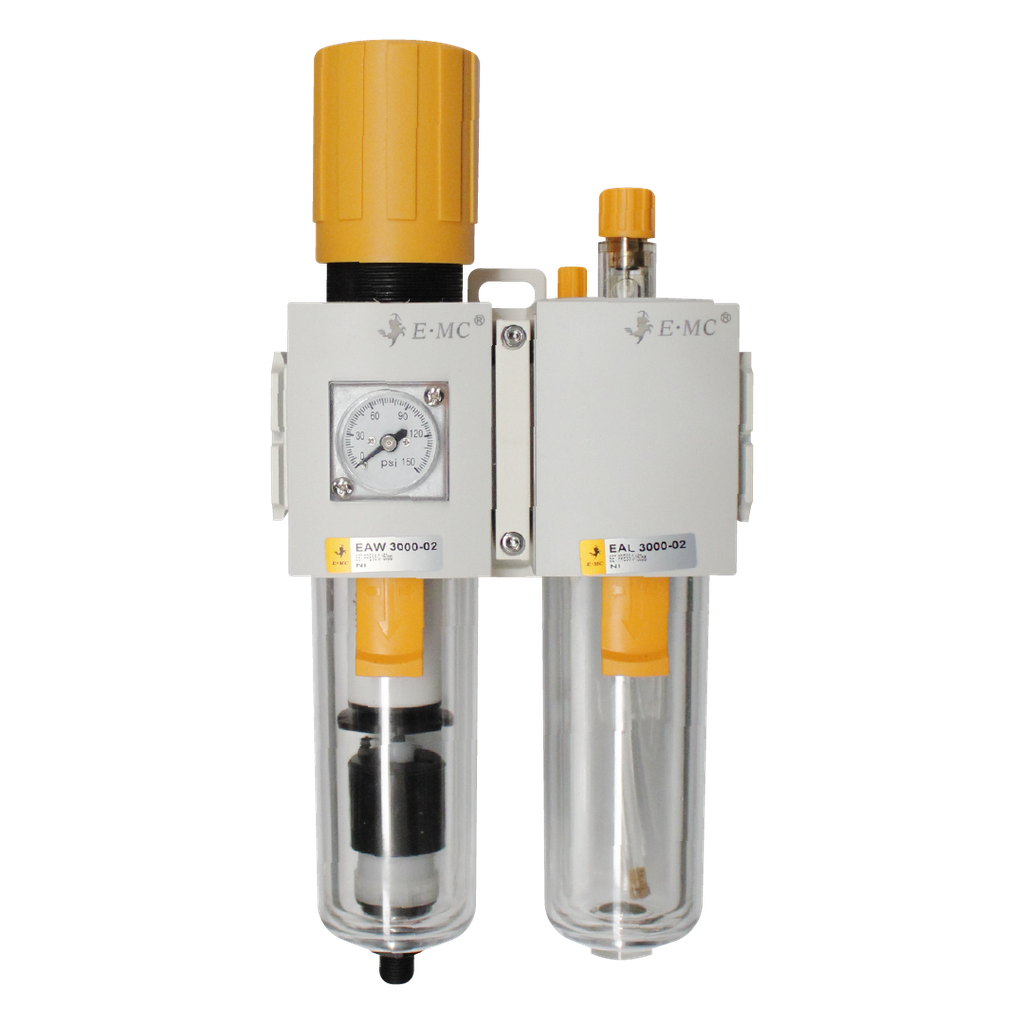 Combinación Filtro Regulador y Lubricador FR.L, manómetro cuadrado, grado de fitración 40 micras, Tamaño 3, vasos policarbonato, 145 PSI, purga automática, puertos 1/2" NPT