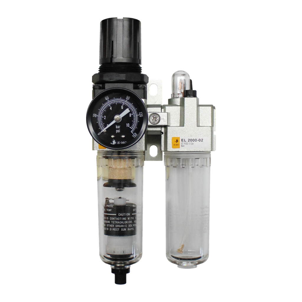 Combinación Filtro Regulador y Lubricador FRL, manómetro redondo, grado de fitración 25 micras, Tamaño 2, vasos metálicos, 145 PSI, purga autómatica, puertos 1/4" NPT