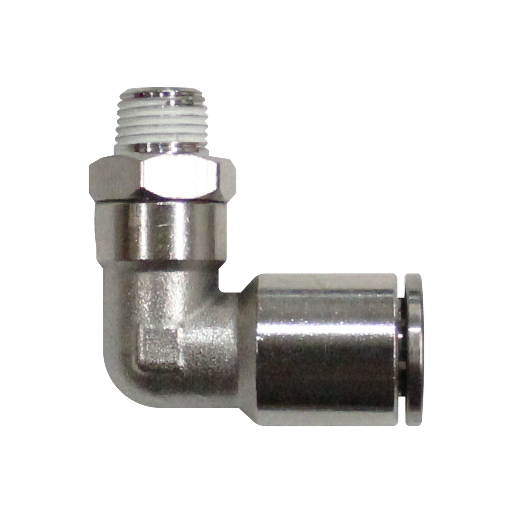 Racor rápido codo metálico, latón niquelado, manguera 10mm rosca 1/2'' PT