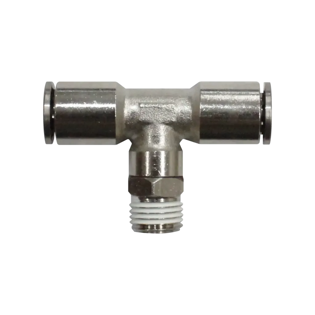 Racor rápido Tee metálico, latón niquelado, manguera 6mm rosca 1/8'' PT
