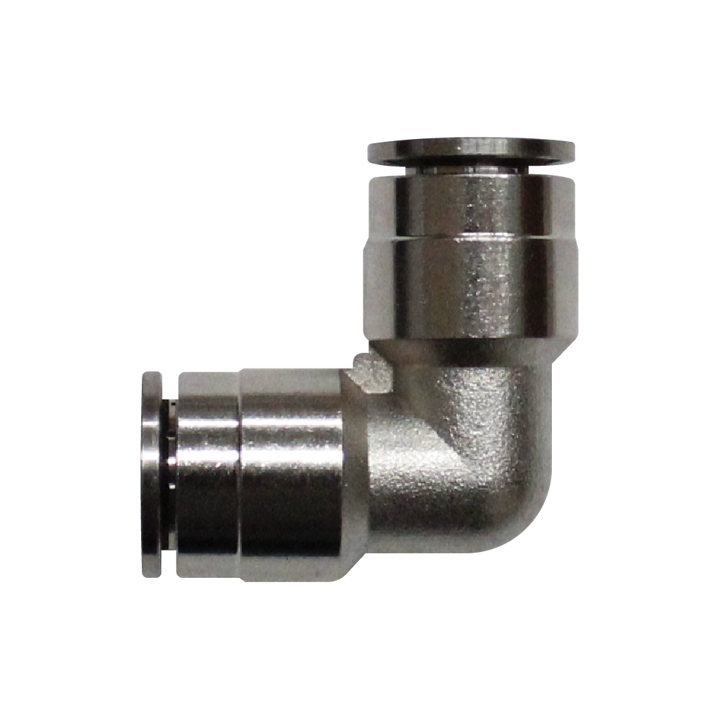 Racor rápido codo metálico, latón niquelado, unión manguera-manguera 6mm