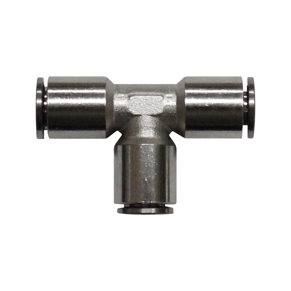 Racor rápido Tee metálico, latón niquelado, unión manguera-manguera 10mm