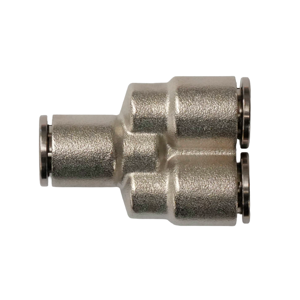 Racor rápido "Y" metálico, latón niquelado, unión manguera-manguera 6mm
