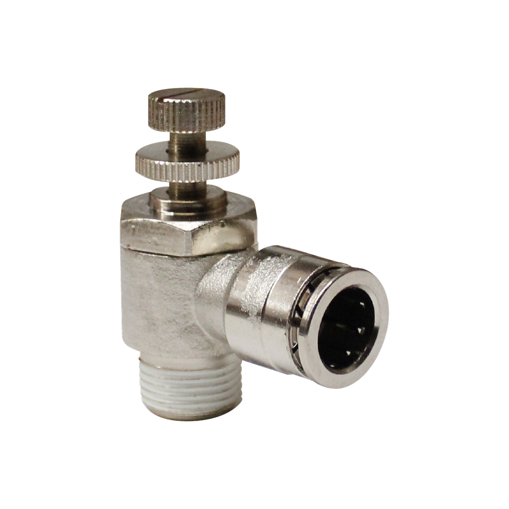 Regulador de caudal latón niquelado, diamétro de manguera 6mm cuerda 3/8''PT