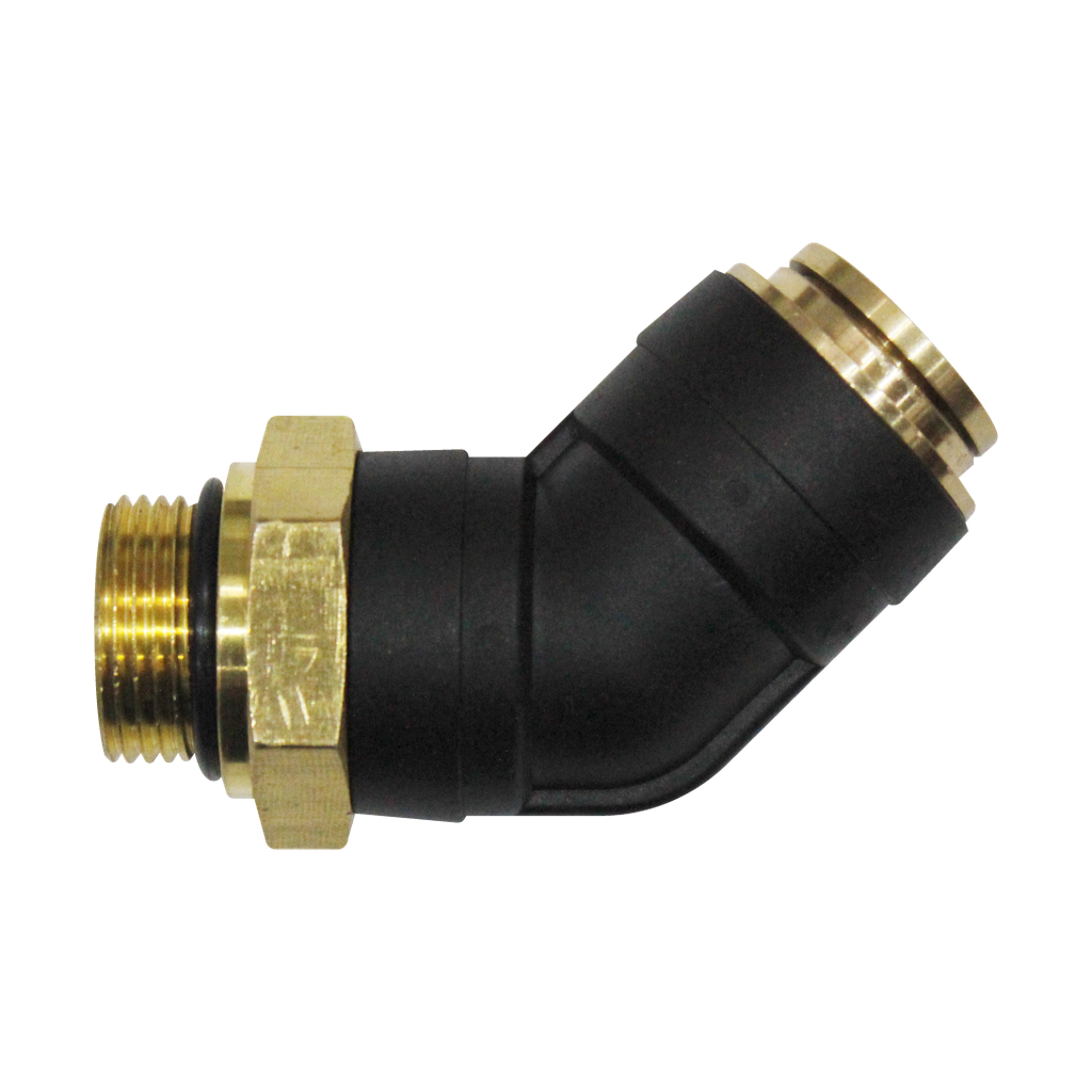 [RQ-MPL54S-DOT-12-M22] Codo plástico Giratorio a 45° Macho métrico, 3/4 - 22 mm